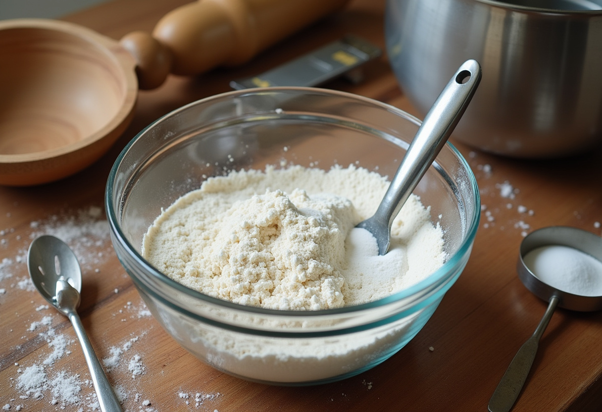 Flour and sugar in a mixing bowl for making a vintage cake.