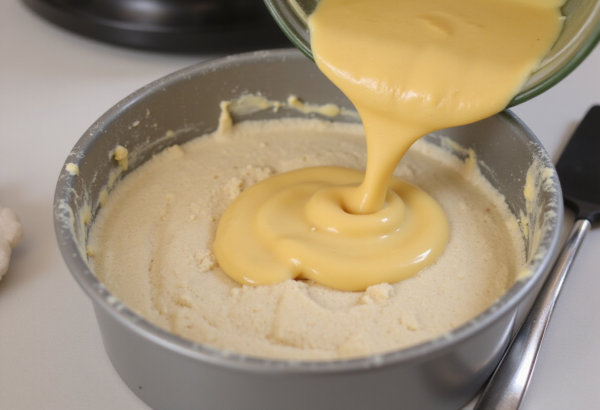 Pouring cake batter into a pan for baking a vintage cake.