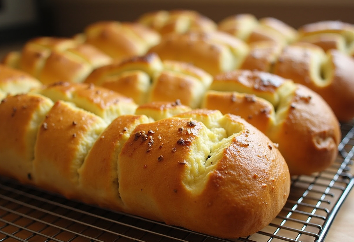 Delicious Copycat Subway Italian Herb & Cheese Bread loaves cooling on a rack, featuring a golden crust and melted cheese.