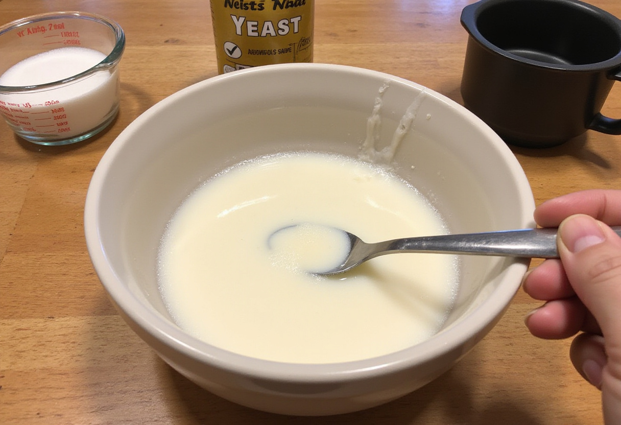 Mixing warm water, sugar, and yeast for Copycat Subway Italian Herb & Cheese Bread with dry yeast on a wooden countertop.