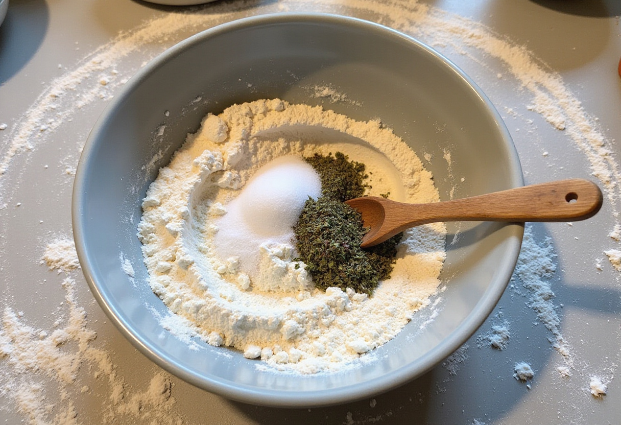 Combining flour, salt, and Italian herbs for Copycat Subway Italian Herb & Cheese Bread in a mixing bowl on a flour-dusted countertop.