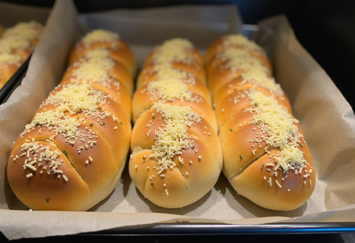 Prepared loaves for Copycat Subway Italian Herb & Cheese Bread on a baking tray, topped with cheese and herbs, ready for the oven.