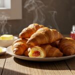 Delicious freshly baked flaky croissants served on a wooden table, perfect for breakfast or brunch.