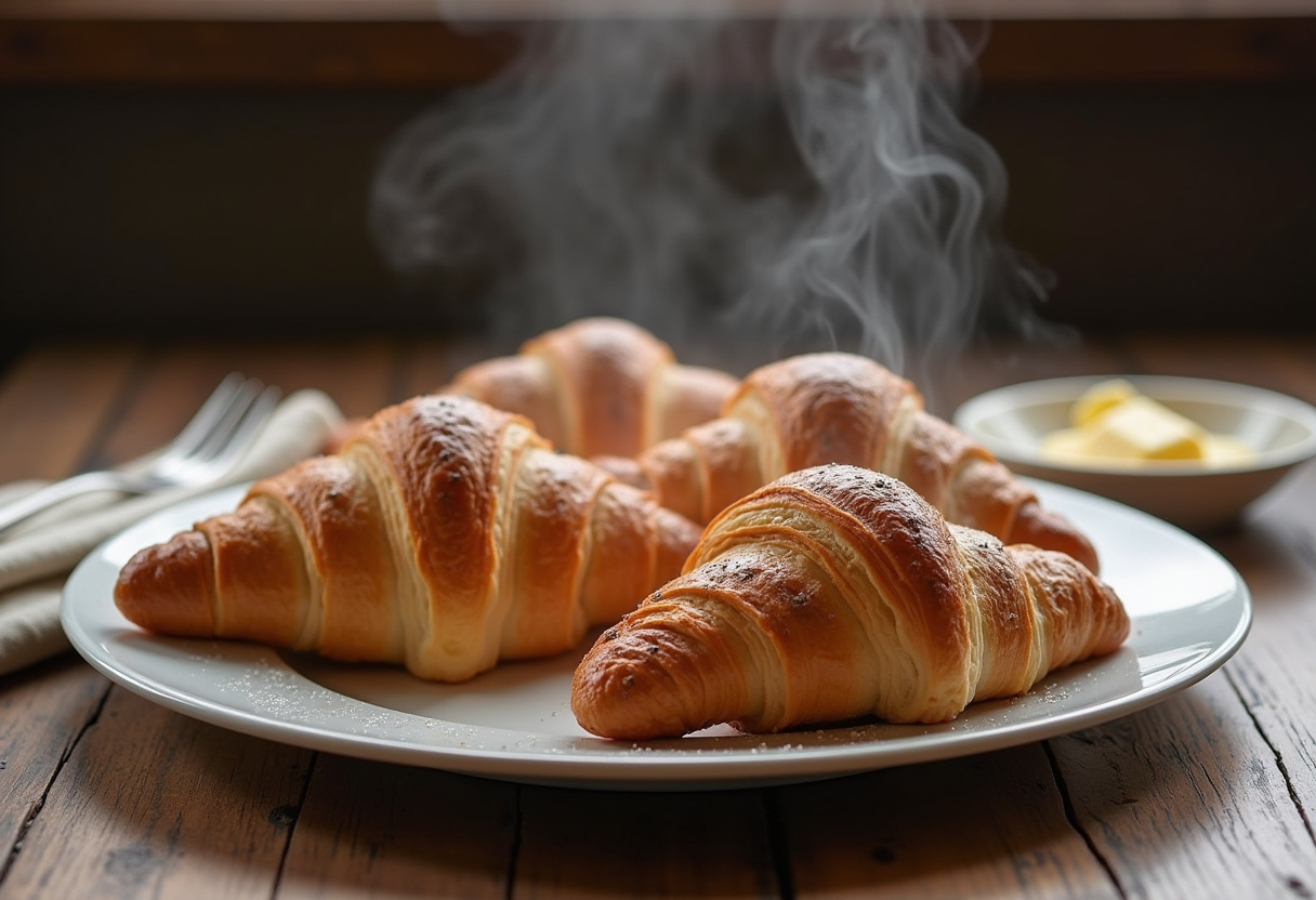Delicious freshly baked flaky croissants served on a wooden table, perfect for breakfast or brunch.