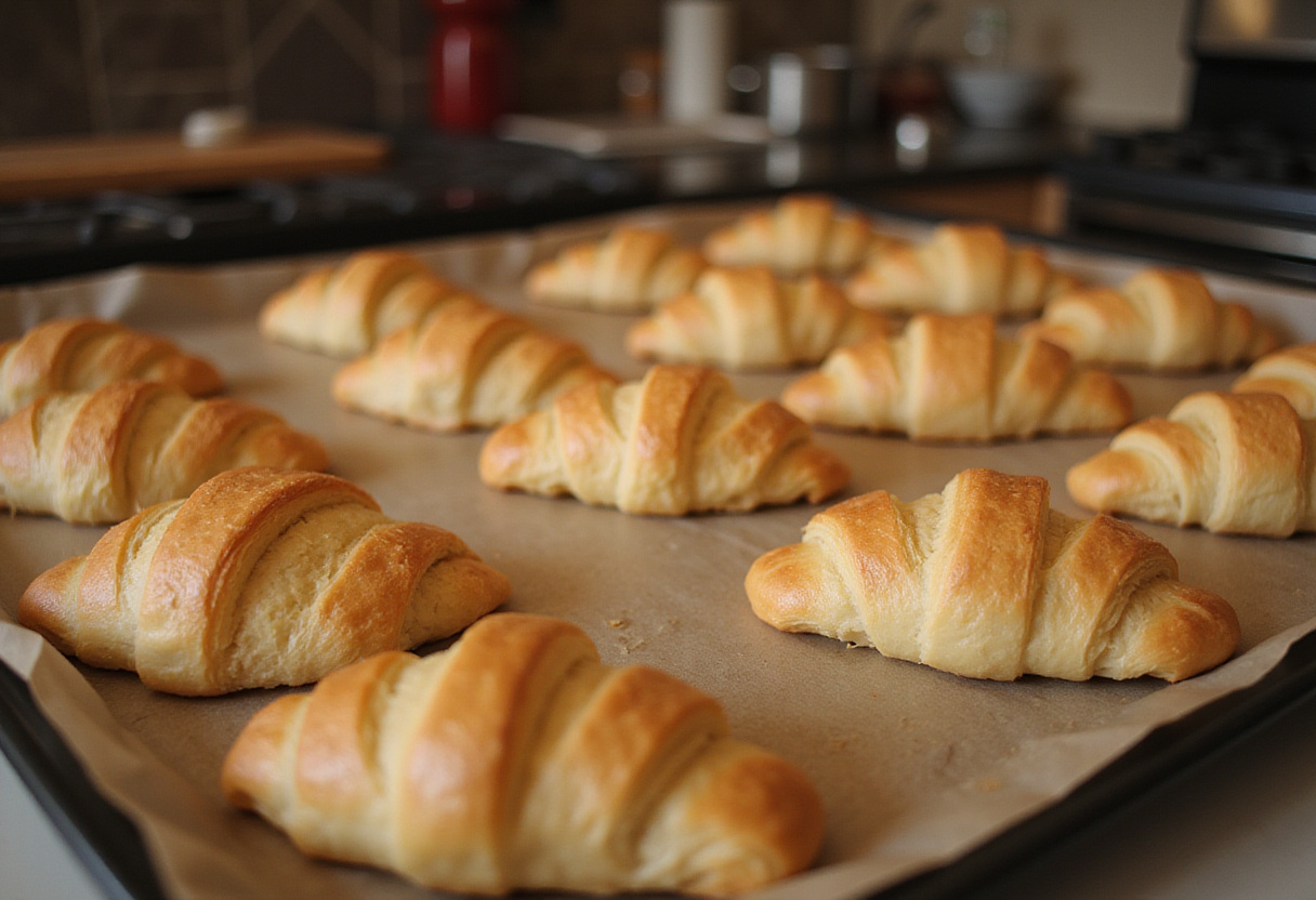 Croissants shaped and waiting to rise, highlighting the process of making homemade flaky croissants in a cozy kitchen.