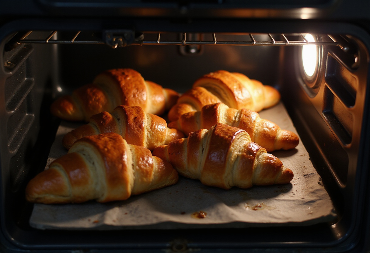 Homemade flaky croissants baking to perfection inside a warm oven, showcasing the final steps of preparation.