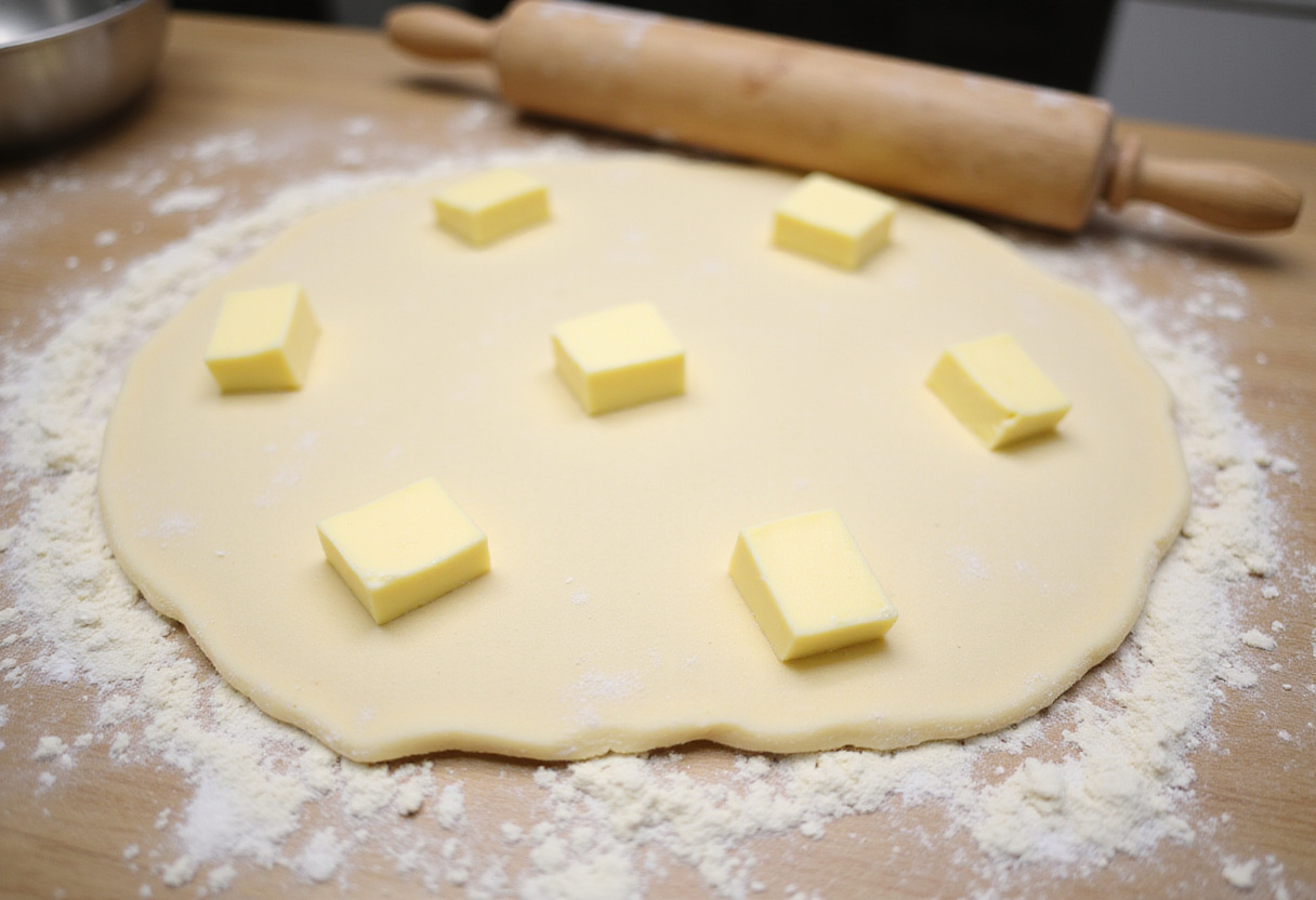 How to make Delicious Cruffins: rolling out dough for Cruffins preparation with layers of buttery goodness.