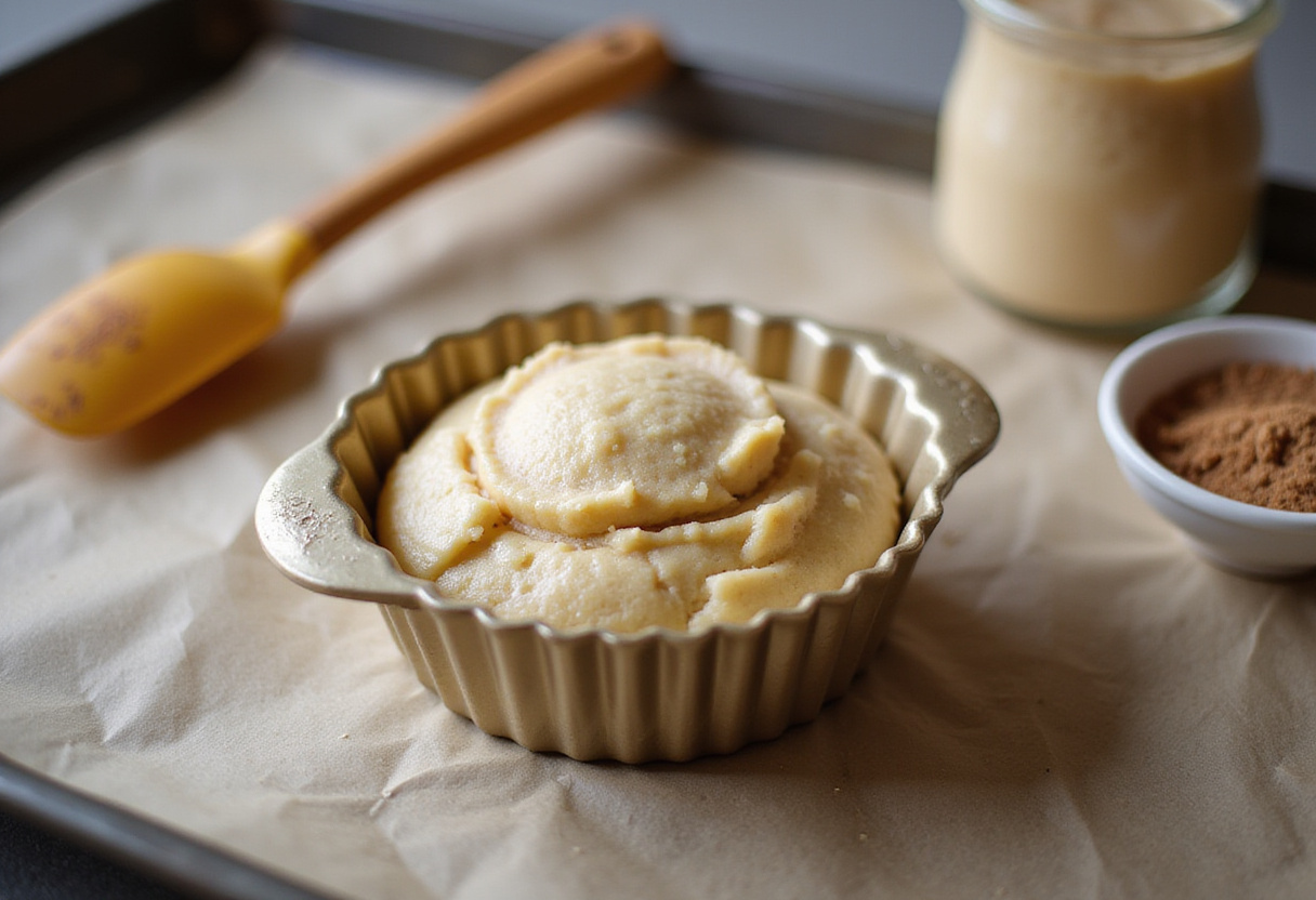 Preparing to bake Delicious Cruffins: dough placed in molds ready for the oven with a sprinkle of cinnamon sugar.