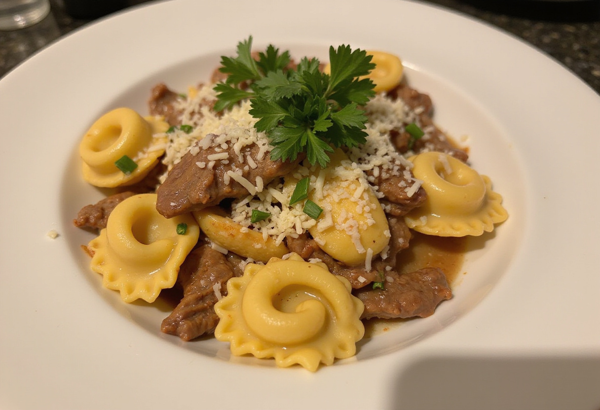 Delicious Philly Cheesesteak Tortellini Pasta served on a plate, an enticing mix of flavors showcasing pasta, beef, and cheese.