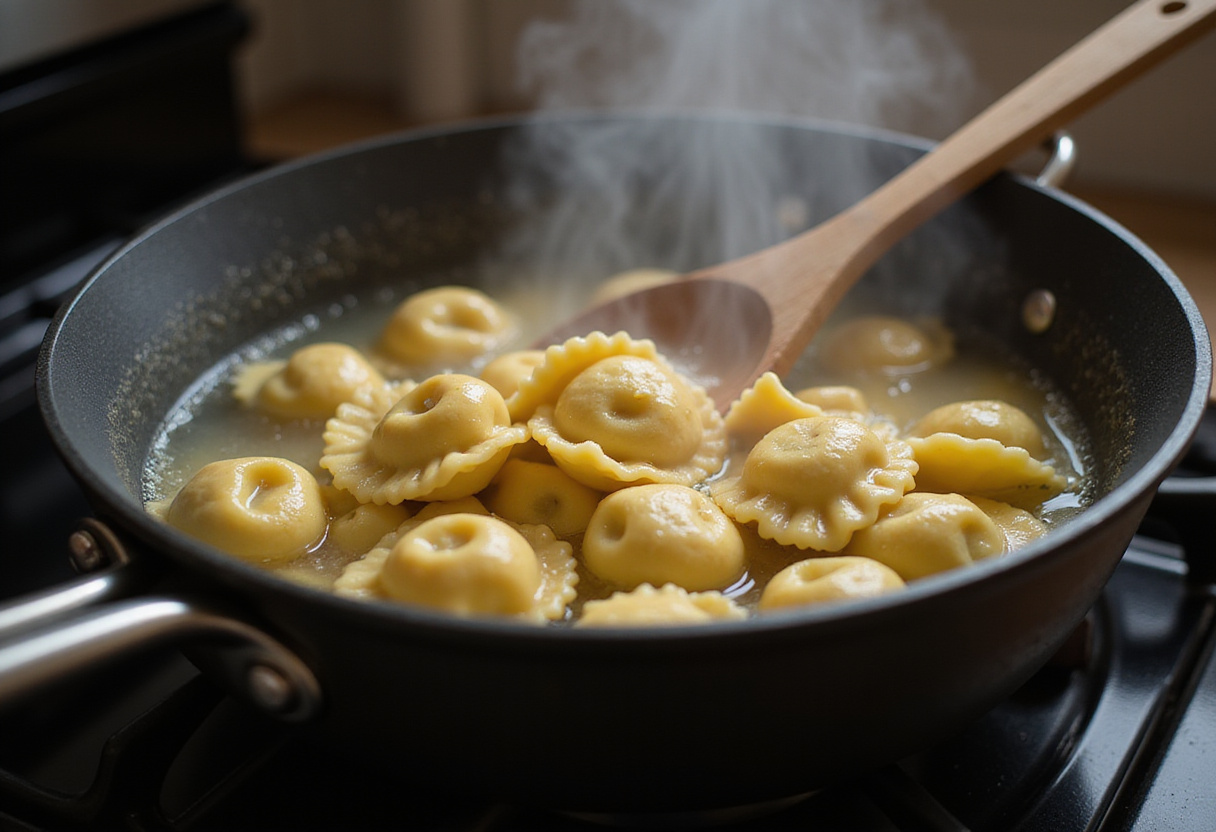 Cooking tortellini pasta in boiling water, perfect for making Philly Cheesesteak Tortellini Pasta.