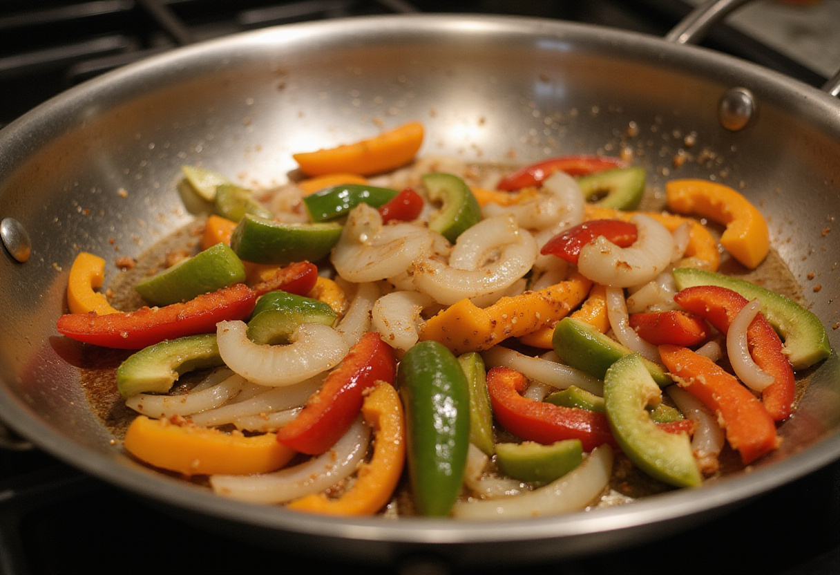 Sautéing onions and bell peppers for Philly Cheesesteak filling, an essential step in Philly Cheesesteak Tortellini Pasta.