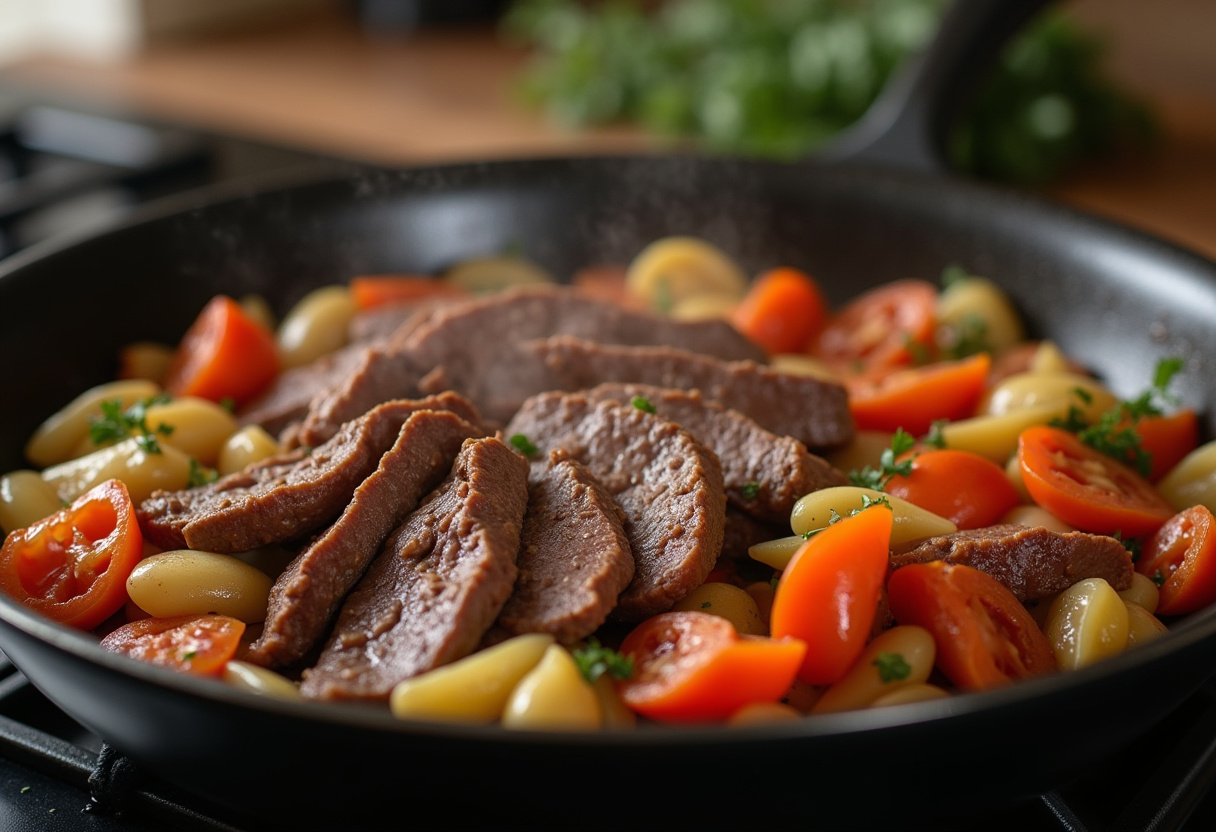 Cooking sliced beef with onions and bell peppers for Philly Cheesesteak Tortellini Pasta, capturing the delicious smells.