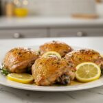 Deliciously displayed Savory Lemon Herb Roasted Chicken Thighs served on a plate, highlighting juicy flavors and beautiful garnishing, ideal for any occasion.