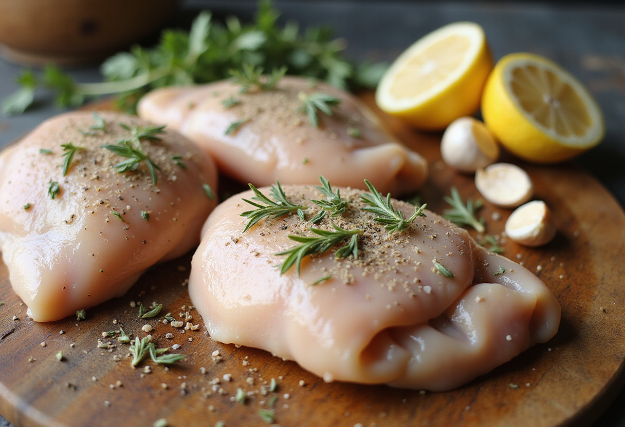 Savory Lemon Herb Roasted Chicken Thighs preparation with fresh herbs, chicken, and lemon slices, showcasing essential ingredients for flavorful seasoning.