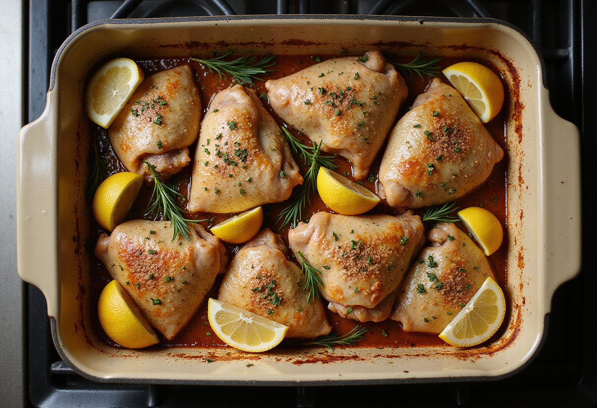 Savory Lemon Herb Roasted Chicken Thighs arranged in a roasting pan with lemon and herbs, preparing for oven roasting to create delicious flavors.