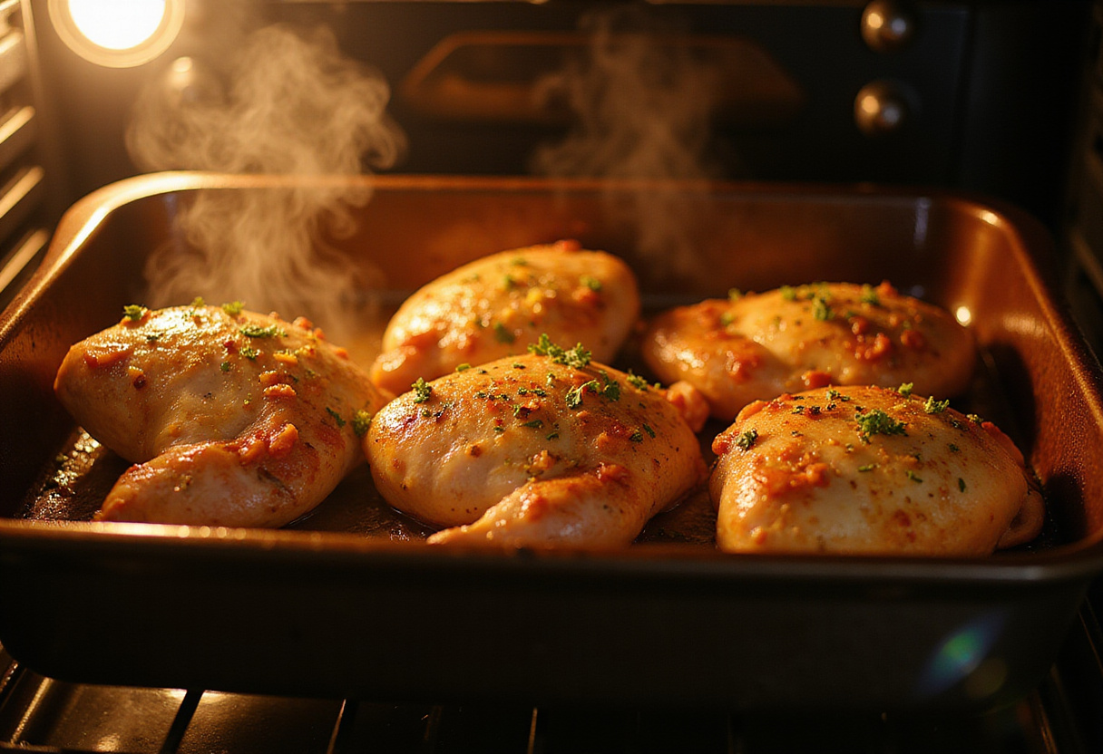 Savory Lemon Herb Roasted Chicken Thighs baking in the oven, showcasing golden, crispy skin and aromatic steam for a delightful cooking experience.