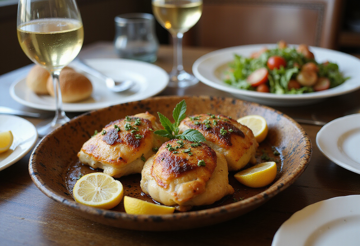 Final presentation of Savory Lemon Herb Roasted Chicken Thighs on a dining table, beautifully garnished, perfect for any occasion and highlighting delectable flavors.