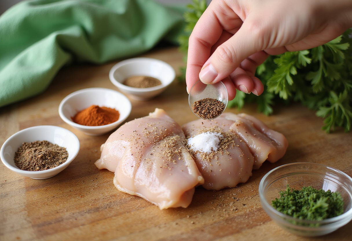 Seasoning chicken for smothered chicken and rice recipe with fresh herbs and spices.