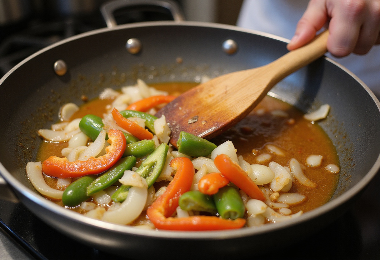 Sautéing vegetables in a skillet for smothered chicken and rice, enhancing the dish with aromatic flavors.
