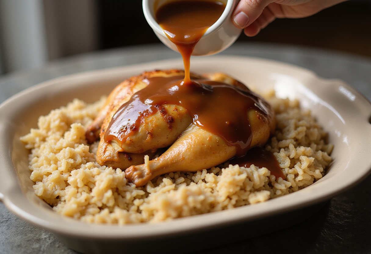 Placing cooked chicken over rice and smothering it with gravy for a hearty smothered chicken and rice meal.